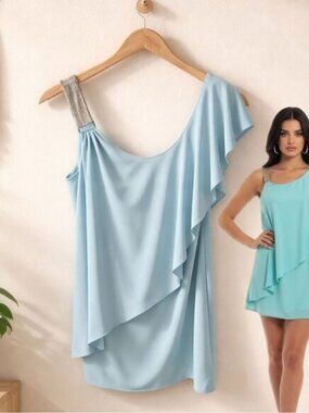 BETSY & ADAM soft Aqua silver embellished strap layered sheath cocktail dress LG